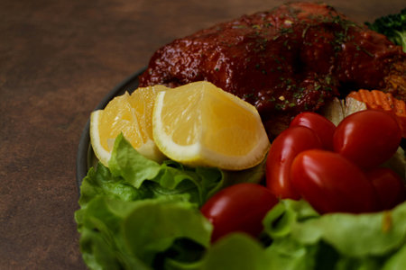 Tasty Grilled Chicken Glazed with BBQ sauce on Rustic copper Background