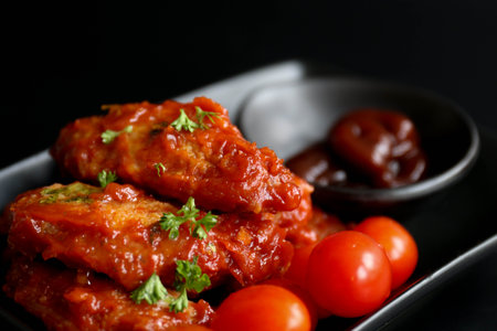chicken wings with tomato sauce and parsley on a black backgroundの写真素材