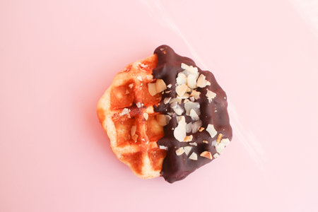 Tasty Waffle for breakfast by the window , Pastel Pink Backgroundの写真素材