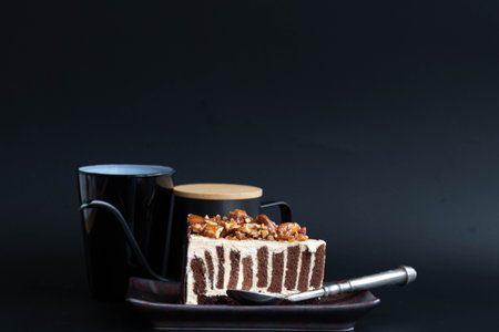 delicious dessert , chocolate peanut butter cake , served with tea or coffeeの写真素材