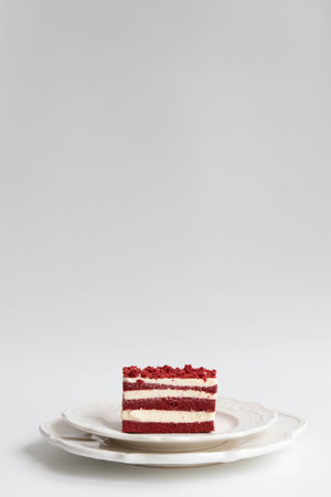 Red velvet cake on a white plate on a white background with copy space