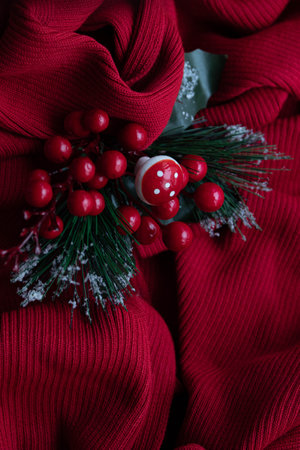 Vintage Victorian Hand Crafts Christmas Ornaments with Glitter , Beading, Sequins and Red Velvet Ribbon for Decoration on red Backgroundの写真素材
