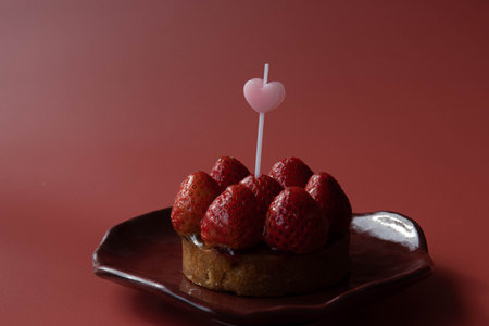 Strawberry Tart pinned with Red Heart , Pink Background