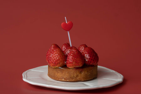 Strawberry Tart pinned with Red Heart , Pink Backgroundの写真素材