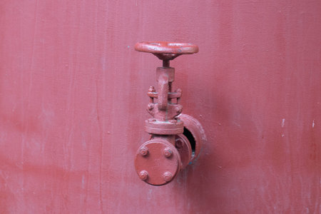 Old rusty water valve on a red painted metal wall, closeup of photoの写真素材