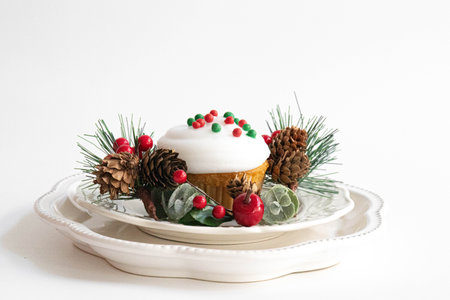 Chocolate Cupcake topped with red and green Christmas sprinkle , surrounded with red berries and...