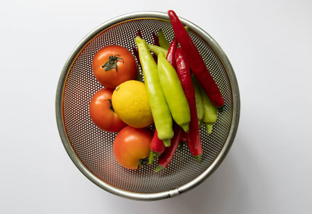 Fresh Chili Pepper and Red Tomato on white backgroundの写真素材