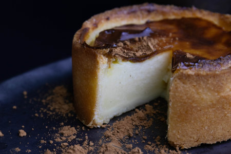 Cottage cheese tart with chocolate and cocoa powder on black background.