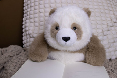 Big Brown Panda plush doll is reading Bookの写真素材