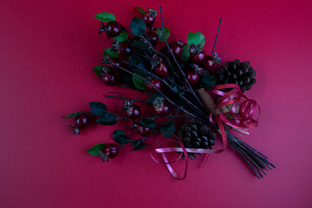 Christmas composition with red berries, fir cones and ribbons on red backgroundの写真素材