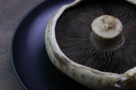 Champignon mushroom on a black plate on a dark background.の写真素材