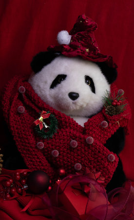 panda in a red scarf on a red background with Christmas decorationsの写真素材