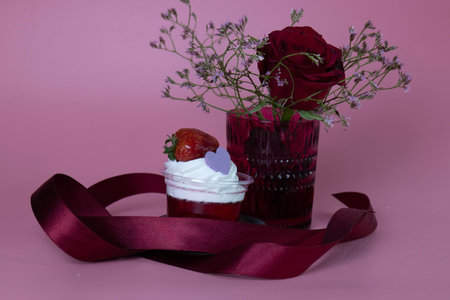 Cupcake with whipped cream and red rose on a pink backgroundの写真素材