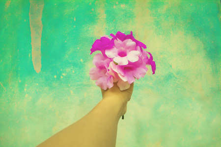 violet and purple flower on hand の写真素材