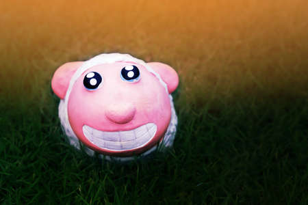 cute sheep doll  smile  in green  grass fieldの写真素材