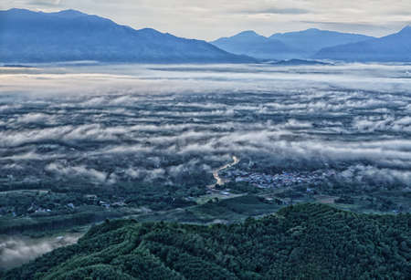 Sea of the mist with blue  sky on mountain at morning sunrise winter season background