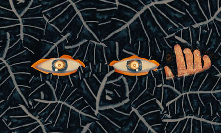 mysterious eye and hand   behind the  green forest  abstract backgroundの写真素材