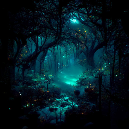 Fantasy forest with fog and light in the night. 3D renderingの素材