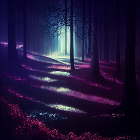 Mystical dark forest with fog and glowing lights. Halloween backgroundの素材