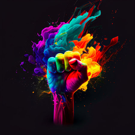 Hand with  colorful paint splas on black background. 3d illustrationの素材