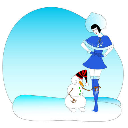 Beautiful Snow Maiden and comical snowballのイラスト素材