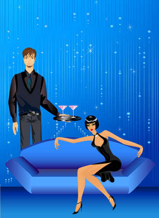 The young waiter brings to the woman glasses from martiniの写真素材