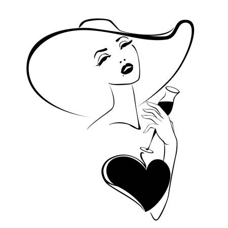 The beautiful woman in a hat with a wine glassのイラスト素材