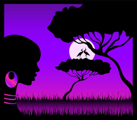 Silhouettes of the harmonous girl against a decline in a safariの写真素材