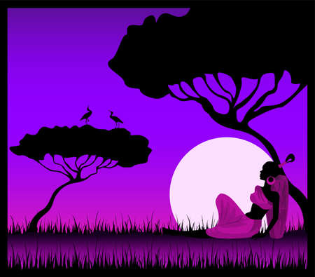 Silhouettes of the harmonous girl against a decline in a safariの写真素材