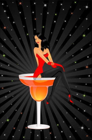 The beautiful harmonous sexy girl sits in a glass with a cocktailの写真素材