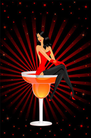 The beautiful harmonous sexy girl sits in a glass with a cocktailの写真素材