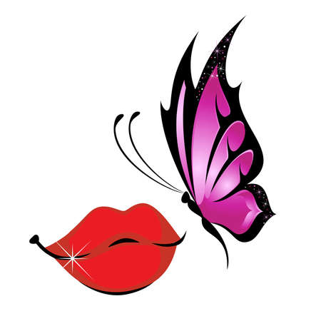 The tropical butterfly sits down on beautiful female lipsのイラスト素材