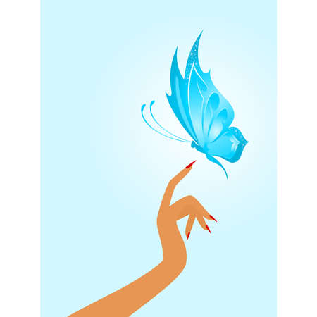 The beautiful butterfly sits down on a female handのイラスト素材