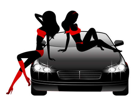 Silhouette of beautiful glamour girl sitting by the carのイラスト素材