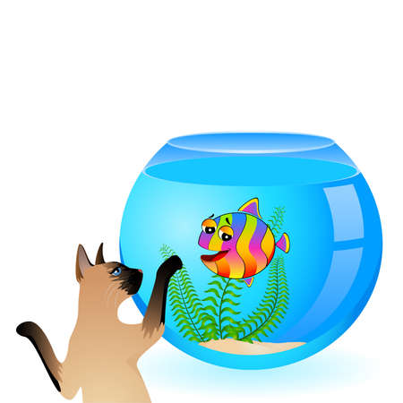  cat with little colorful tropical fish in aquariumのイラスト素材