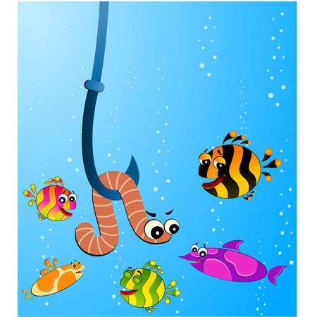 little cartoon funny fish eats a wormのイラスト素材