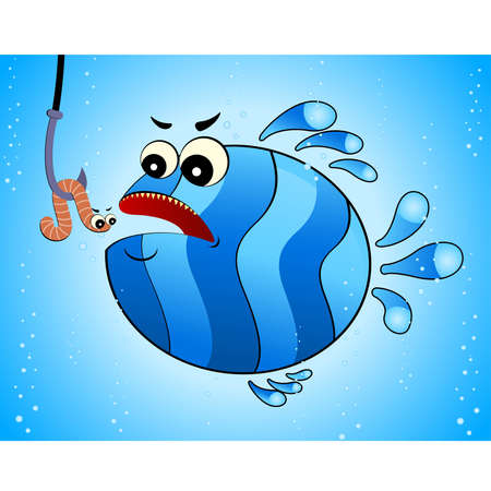 little cartoon funny fish eats a wormのイラスト素材