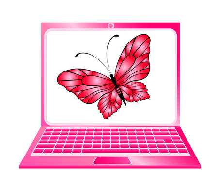 Laptop icon with butterfly on a white backgroundの写真素材