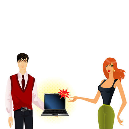 beautiful man and woman advertise laptopのイラスト素材