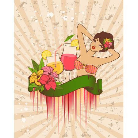 Beautiful pin-up girl with cocktail in retro style.のイラスト素材