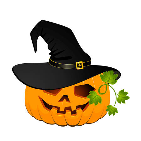 carved face of pumpkin in hat on Halloweenのイラスト素材