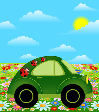 cartoon car on a background summer landscapeの写真素材