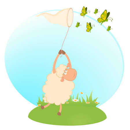 cartoon funny sheep catches beautiful butterfliesのイラスト素材