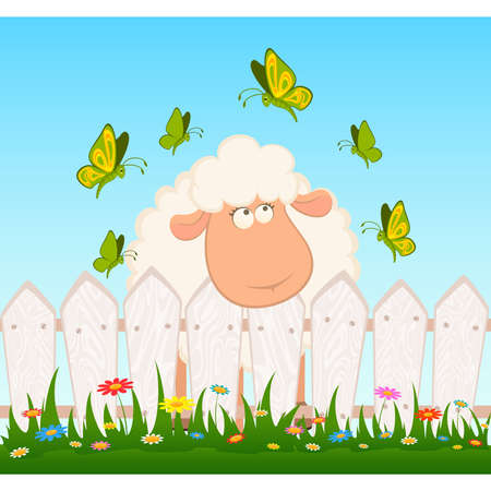 cartoon smiling sheep with butterfly after a fenceのイラスト素材