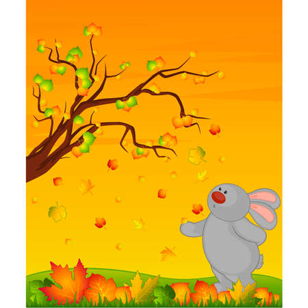 cartoon little toy bunny with autumnal leavesのイラスト素材