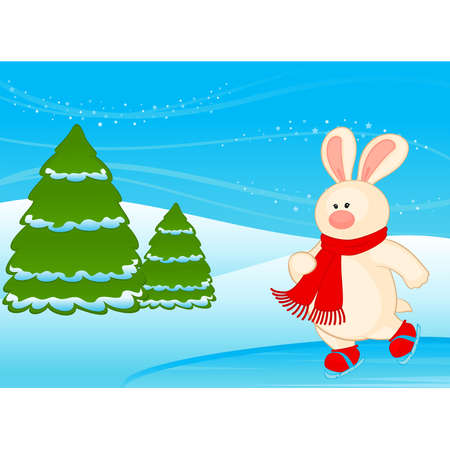cartoon little toy bunny goes for a drive on skatesのイラスト素材