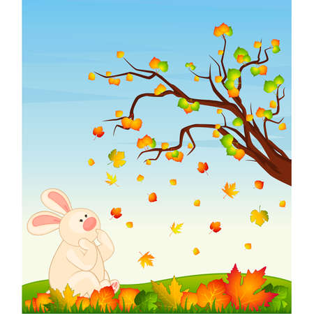 cartoon little toy bunny with autumnal leavesのイラスト素材