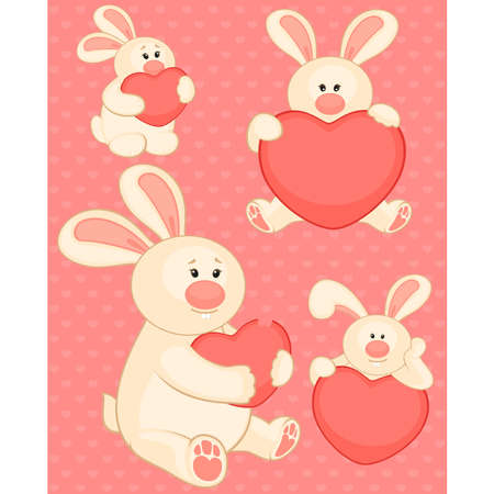 set of cartoon little toy rabbit with heartsのイラスト素材