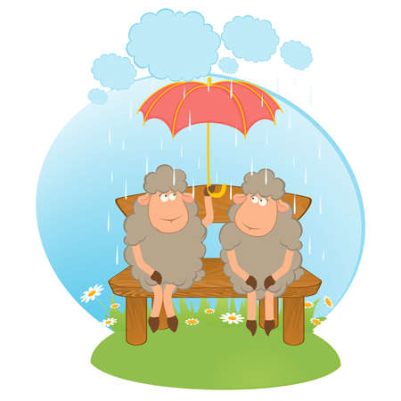 Vector illustration of cartoon sheep flies on a red umbrellaのイラスト素材