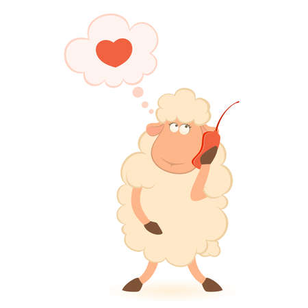 Vector illustration of cartoon sheep speaks by phoneのイラスト素材